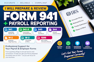 prepare and file irs payroll taxes form 941, 940, 944, w2 and 1099