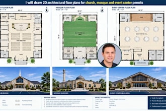 draw 2d architectural floor plans for church, mosque and event center permits