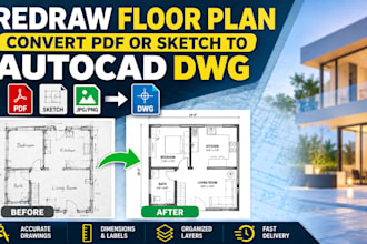 redraw floor plan, convert PDF or sketch to accurate autocad dwg