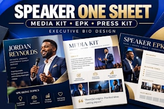 design a professional speaker one sheet, media kit epk press kit executive bio