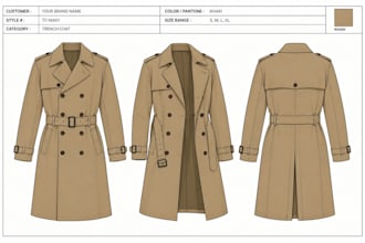 create production ready trench parka utility jacket tech packs for fashion brand