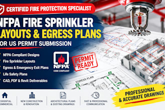 design nfpa fire sprinkler layouts, egress plan for US municipal permit approval