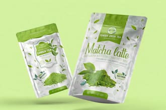 design matcha sachet packaging, single serve tea artwork, 3d mockup and render