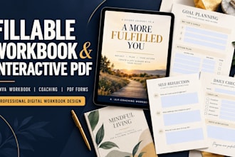 design fillable workbook, interactive PDF, canva worksheet and journal