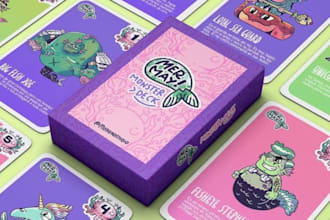 design card game, board game cards, tarot deck tcg cards, card box and rule book