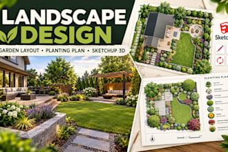 do landscape design, garden layout and planting plan with sketchup 3d rendering