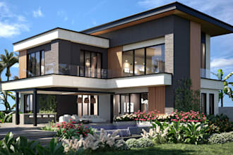 design mansion facade ,cantilevered balcony,frontyard light,3d photogenic render