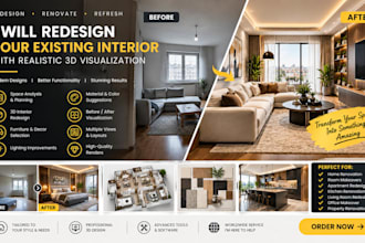 redesign your existing interior, exterior and create realistic 3d visualization