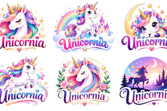 design a professional, fantasy, magical, cute, colorful, kids unicorn logo