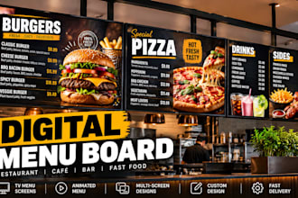 create digital menu board, restaurant TV screen menu and animated menu