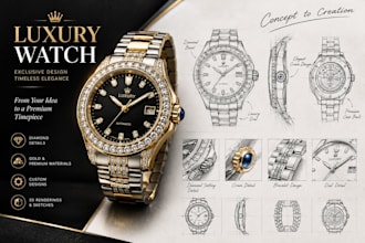 design a premium luxury watch with diamond, gold and jewelry inspired details