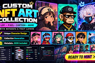 create custom nft art collection, lofi pixel cartoon anime design with metadata