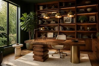 design a biophilic home office or study room with 3d renders