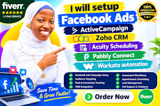facebook ads, active campaign, zoho CRM, acuity scheduling, pabbly and workato
