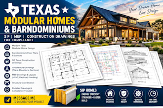 texas modular home design, barndominium sip mep construction drawings