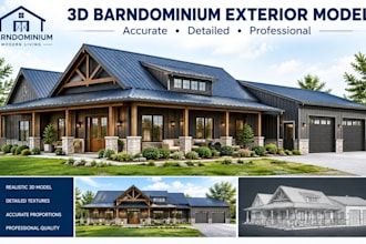 create a 3d exterior model of your barndominium home
