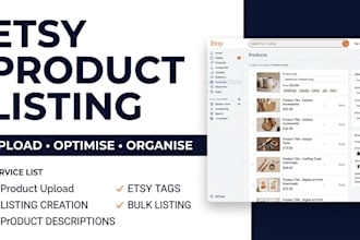 create etsy product listings, upload products and optimize listings
