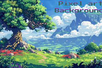 create pixel game background, scenery, environment, landscape, tiles and props
