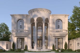 produce luxury french villa design, cgi house exterior render,balustrade balcony