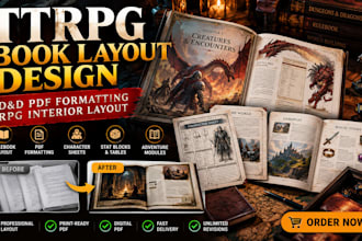 ttrpg book layout design dnd PDF formatting rpg interior layout and design