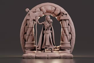 3d print,diorama,architecture concept model,3d miniatures shelves,sculpt figures