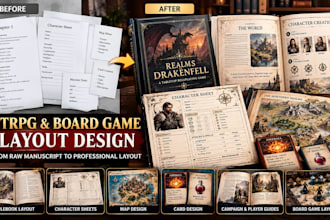 design ttrpg board game layout, dnd character sheets and rpg rulebook layout