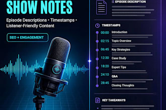 create SEO podcast show notes, episode descriptions and timestamps for listeners