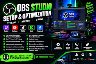 professionally set up obs studio and streamlabs for twitch, kick, and youtube
