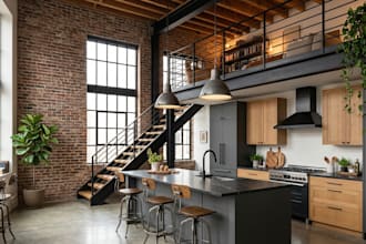 design 3d kitchen interior, island and loft design with realistic rendering