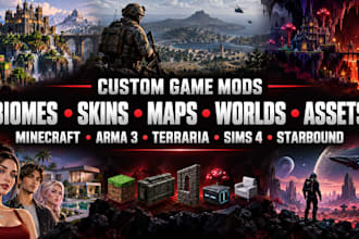 mod minecraft, arma 3, terraria, sims 4, starbound with custom biomes, skin, map