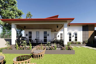 bungalow house facade,foyer living room,ushaped kitchen,3dlayout,patio furniture