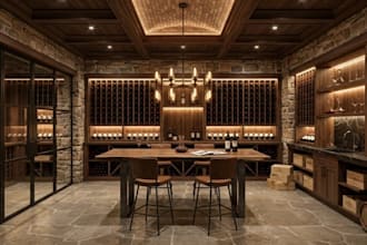 create photorealistic 3d wine cellar, wine room, tasting room with wine lounge