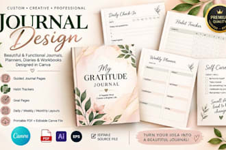 design journal, workbook, planner and diary layouts in canva for print ready PDF