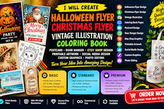 design halloween flyers christmas vintage illustrations coloring book etsy art