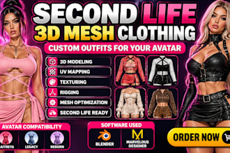 create custom second life 3d mesh clothing avatar outfits textures and rigging
