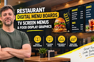 create restaurant digital menu boards, TV screen menus, food display graphics