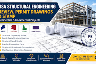 provide USA structural engineering review, permit drawings, stamp maine az id pa
