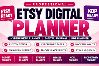 design etsy digital planner, hyperlinked planner, digital journal, KDP planner