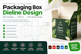 create product packaging box dieline, box template, die cut, print ready design