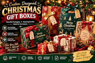 design winter holiday gift boxes, cards, packaging, label, pouch for christmas