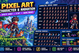 create pixel art character, pixel sprite sheet, 8 bit sprite animation