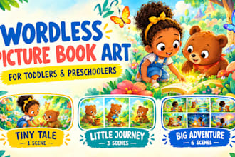 create 2d wordless picture book art for kids, toddlers, preschool storytelling