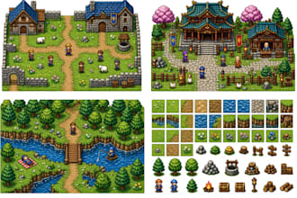 do 2d topdown pixel art tilemap tileset pixel game art environment sprite sheet