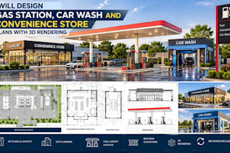 design gas station, car wash and convenience store plans with 3d rendering