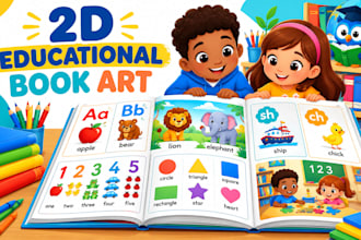 illustrate 2d educational books with abc, phonics, animals and kids activities