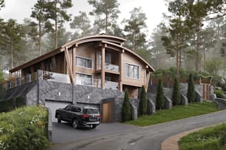 modify modern chalet facade,eclectic living room 3d visual,open plan zone render