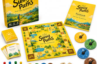 illustrate board game design with rulebook, playtest on tabletop game