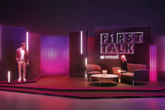 design cgi TV studio, 3d home theater with realistic rendering