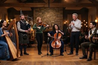record celtic harp, bagpipes, fiddle, cello, tin whistle, bodhran for your song