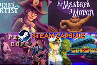 design pixel art steam capsule, game logo, steam header and cover art game art